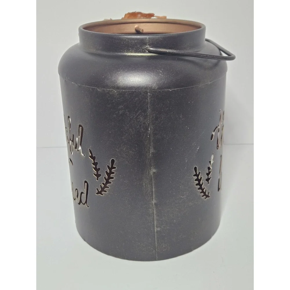 Thankful & Blessed Metal Candle Holder Cutout Jar Faux Foliage Acorn Fall Decor